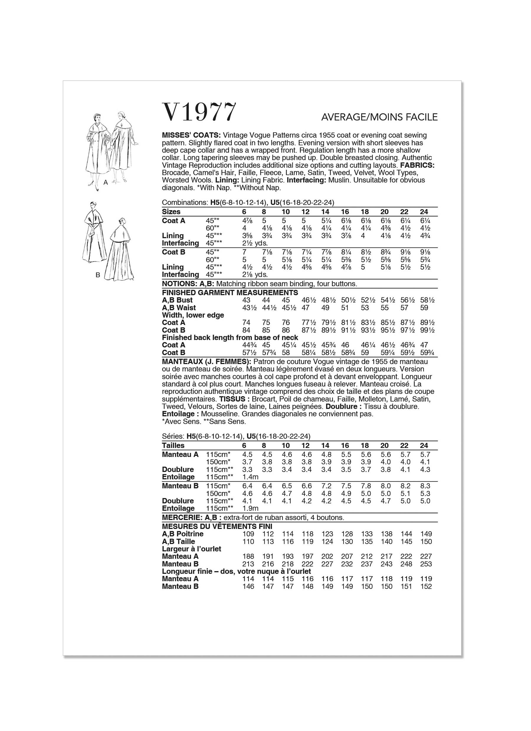 VOGUE Schnittmuster Mantel V1977 Maschinensticken Nähen