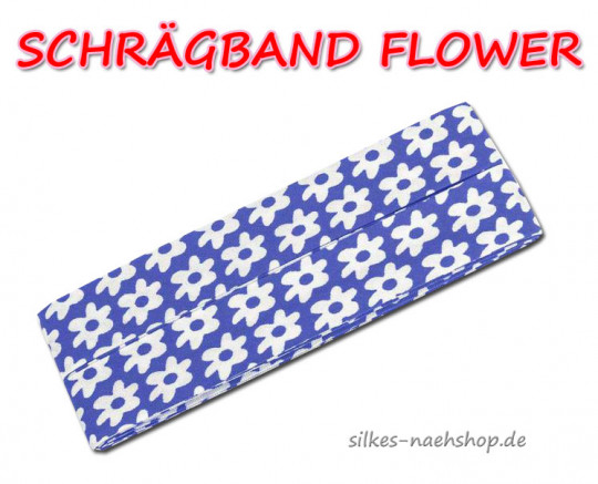 Schrägband Flower royalblau weiß