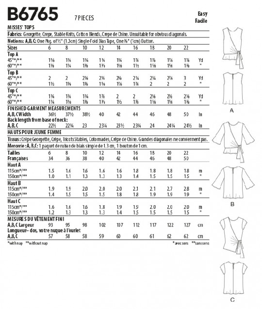 B6765 Butterick Schnittmuster Blusenshirt Top