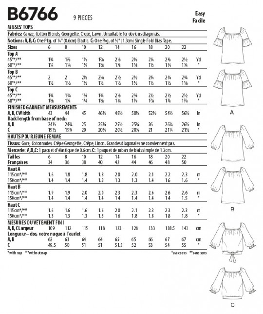 B6766 Butterick Schnittmuster Blusenshirts