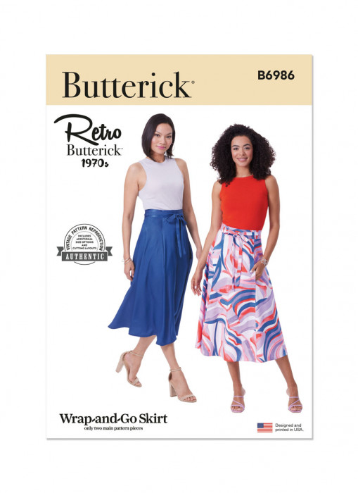 B6986 Butterick Schnittmuster Retro Wickelrock 70er-Jahre