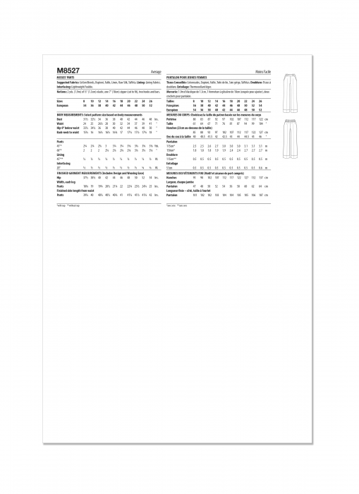 M8527 McCalls Schnittmuster Hose Palmer/Pletsch