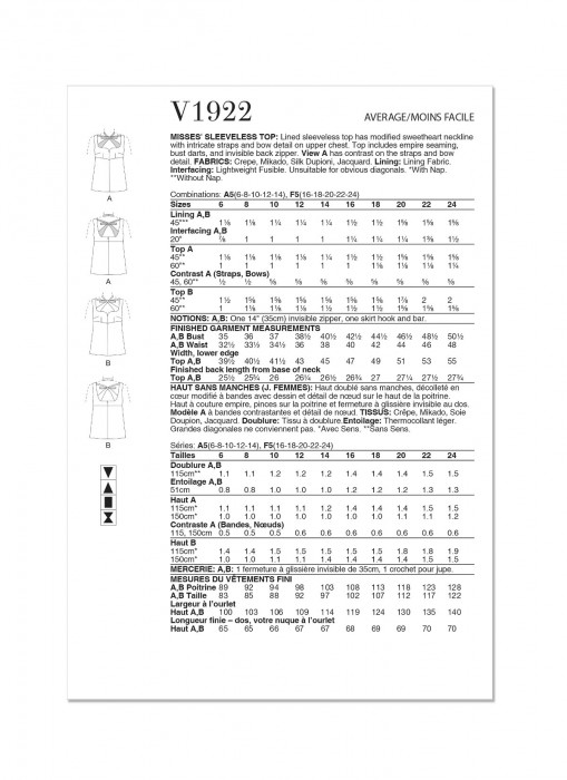 V1922 VOGUE Schnittmuster Abendtop