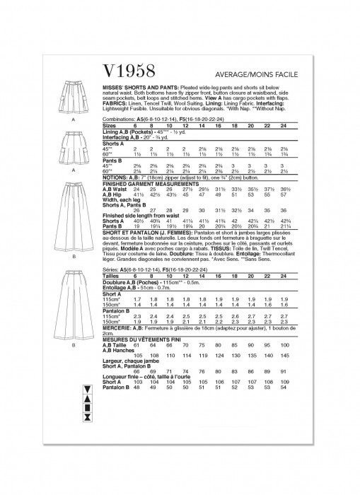 V1958 VOGUE Schnittmuster Hose Shorts