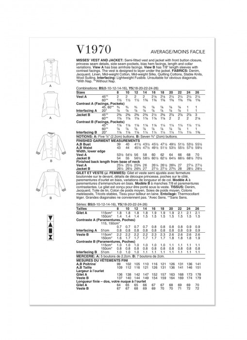 V1970 VOGUE Schnittmuster Designer Weste Jacke