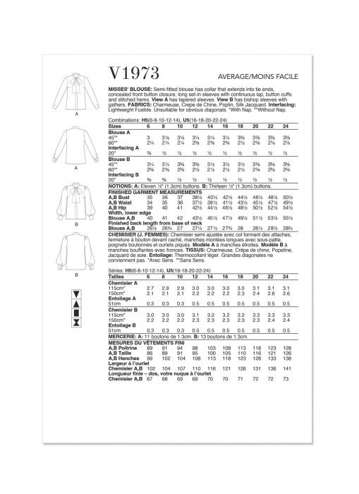 V1973 VOGUE Schnittmuster Bluse