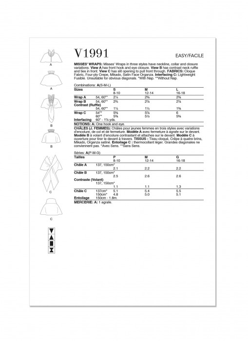 V1991 VOGUE Schnittmuster Designer Cape Stola