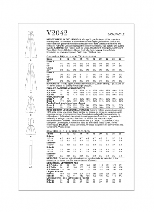 V2042 VOGUE Schnittmuster Vintage Kleid 70er-Jahre