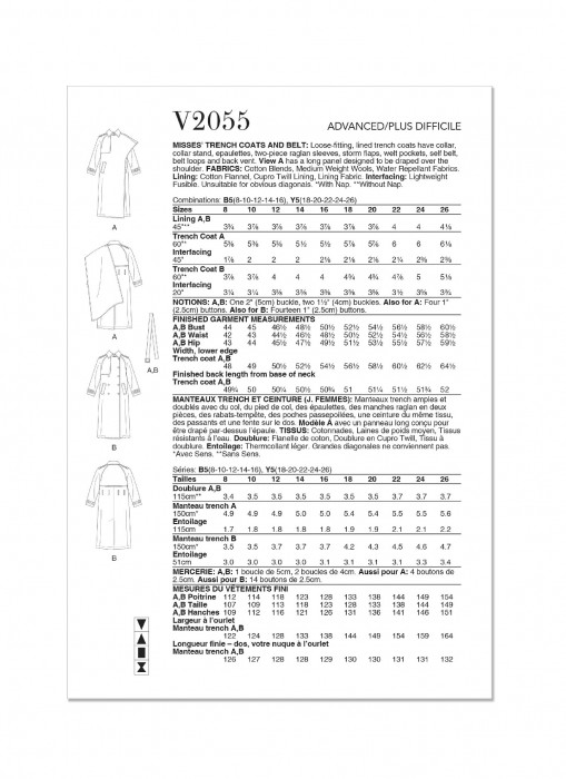 V2055 VOGUE Schnittmuster Trenchcoat mit Gürtel