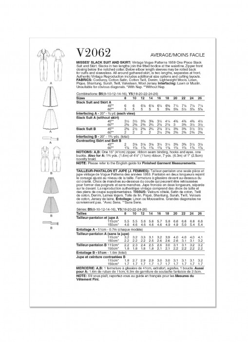 V2062 VOGUE Schnittmuster 50er Jahre Vintage-Kombination