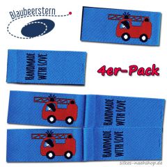 Handmade Label Feuerwehr rot-blau 4er-Pack